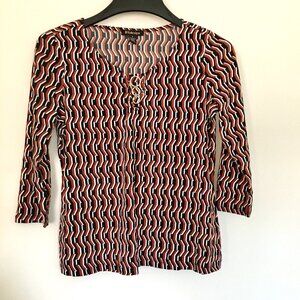 By Design Women’s Stretch Black, Brown and White Geometric 3/4 Sleeve Top Size S